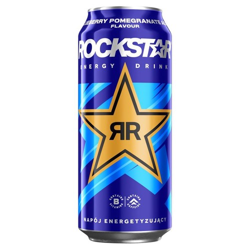 Rockstar Energy Drink, puszka w kolorze niebieskim. Zawiera witaminy z grupy B i kofeinę.