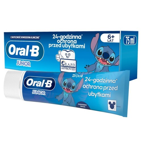 Oral-B Junior pasta do zębów 75 ml, dla dzieci od 6 lat. Na niebieskim opakowaniu i tubce widnieje postać Stitcha. Produkt zapewnia 24-godzinną ochronę przed ubytkami, ma łagodny smak i klinicznie dowiedzioną skuteczność.