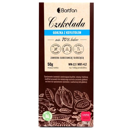 Czekolada gorzka 70% kakao z ksylitolem BartFan 50 g