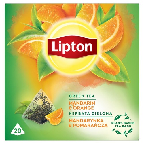 Opakowanie herbaty Lipton Green Tea Mandarin & Orange, 20 torebek. Zielono-pomarańczowe z logo Lipton.