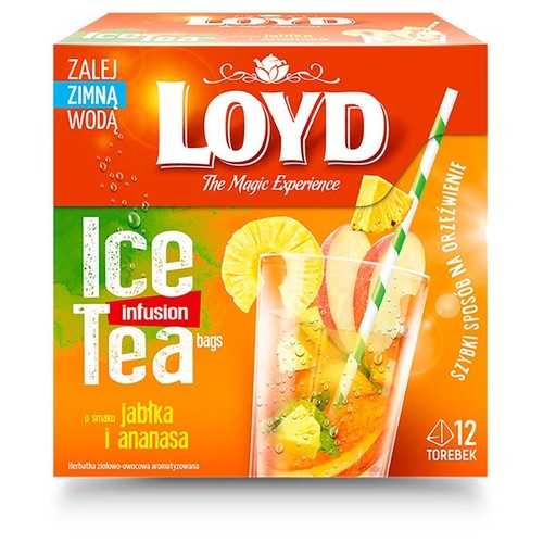 Opakowanie herbatki Loyd Ice Tea o smaku jabłka i ananasa. Zawiera 12 torebek. Szybki sposób na orzeźwienie.