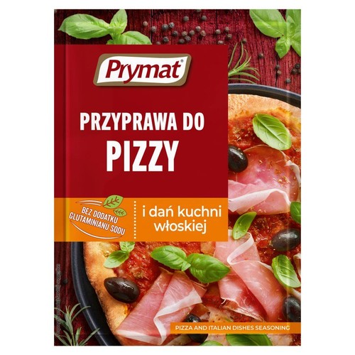 Prymat Przyprawa do pizzy i dań kuchni włoskiej. Opakowanie z grafiką pizzy z szynką, oliwkami i bazylią. Bez glutaminianu sodu.