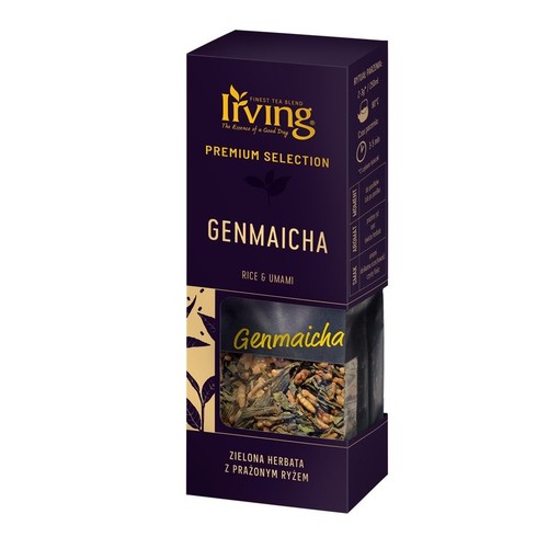 Opakowanie herbaty Living Genmaicha, zielonej herbaty z prażonym ryżem. Widoczne ziarna ryżu i liście.