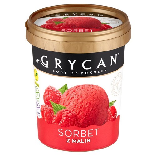 Opakowanie sorbetu Grycan z malin. Na etykiecie czerwony sorbet, maliny i liście mięty. Produkt wegański.