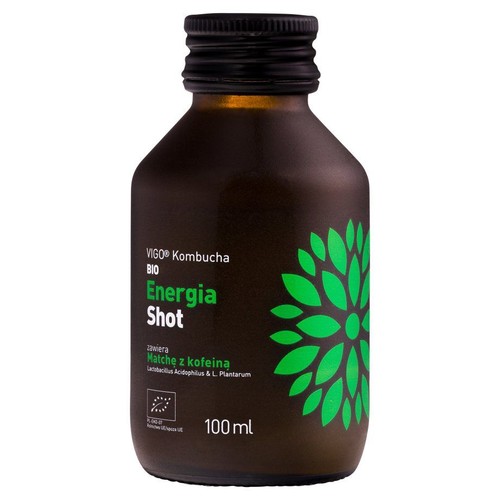 VIGO Kombucha BIO Energia Shot w brązowej butelce z czarną zakrętką. Pojemność 100 ml. Z Matchą i kofeiną.