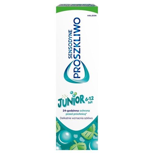 Białe opakowanie Sensodyne Proszkliwo Junior dla dzieci 6-12 lat. Chroni przed próchnicą i wzmacnia szkliwo.