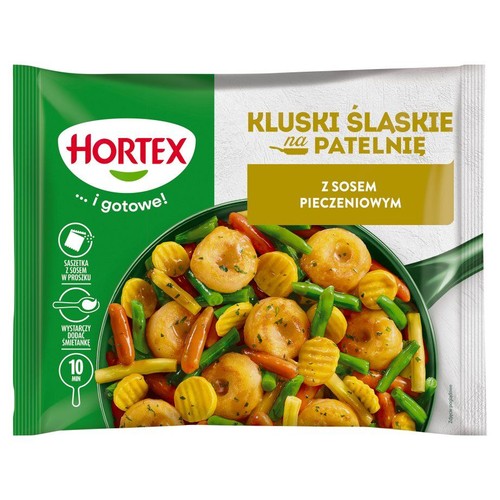 Opakowanie Hortex Kluski Śląskie na Patelnię z sosem pieczeniowym. Na grafice kluski, fasolka i marchewka w patelni. Gotowe w 10 min.
