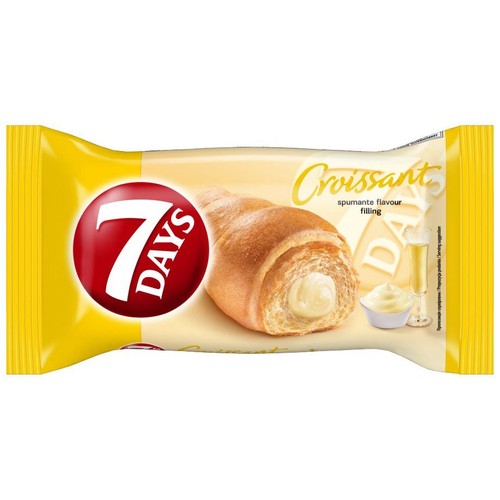 Opakowanie rogalika 7 DAYS z nadzieniem o smaku wina musującego. Na opakowaniu grafika przekrojonego rogalika z kremowym nadzieniem.