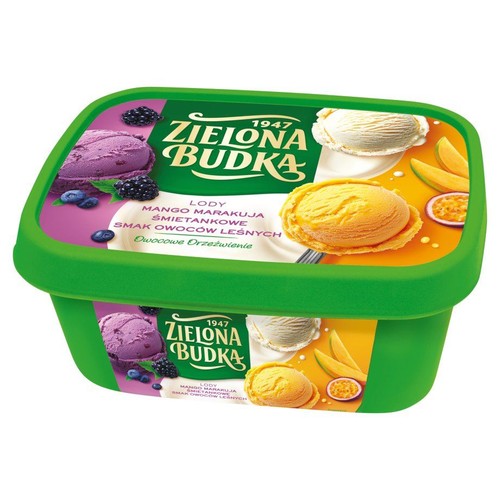 Zielona Budka lody o smaku mango marakuja, śmietankowym i owoców leśnych. Zielony pojemnik z grafiką owoców.