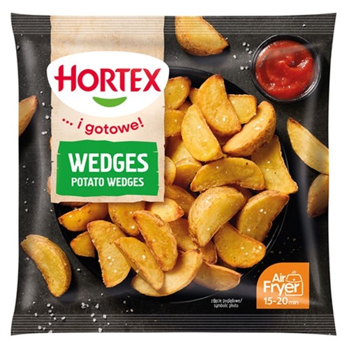 Czarna torebka Hortex Wedges, ziemniaczane łódeczki. Grafika przedstawia gotowe frytki z solą i miseczką ketchupu.