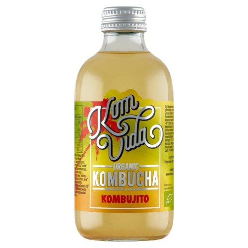 Przezroczysta butelka z organiczną kombuchą Kom Vida Kombujito, 250 ml. Etykieta produktu jest żółto-pomarańczowa z czerwonymi i zielonymi akcentami, zawiera nazwę "Kom Vida" i "Organic Kombucha". Butelka zamknięta srebrną zakrętką.