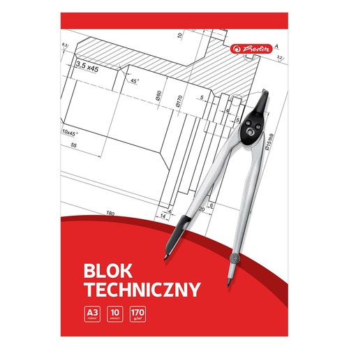 Blok techniczny Berlite A3, 10 arkuszy, 170 g/m². Na tle rysunku technicznego leży srebrny cyrkiel.