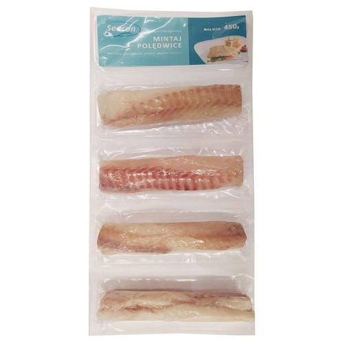 Seacon Mintaj Polędwice, 450g. Cztery kawałki polędwicy z mintaja w przezroczystym opakowaniu.