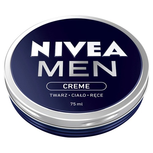 Okrągła, metalowa puszka kremu Nivea Men Creme w kolorze granatowym z srebrnym brzegiem. Na wieczku biały napis "NIVEA MEN CREME" oraz informacja "TWARZ • CIAŁO • RĘCE". Pojemność opakowania to 75 ml.