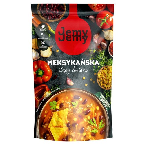 Saszetka zupy Jemy Jemy Meksykańska Zupy Świata. Etykieta przedstawia miskę gorącej zupy z fasolą, kukurydzą i kawałkami tortilli. W tle składniki: papryka, czosnek, pomidory. Produkt gotowy do podgrzania.