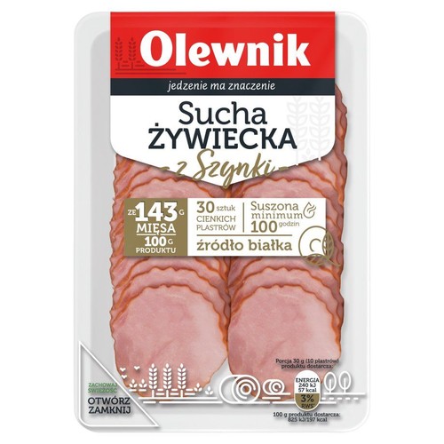 Szynka Olewnik Sucha Żywiecka, 100g, 30 cienkich plastrów. Wyprodukowana ze 143g mięsa na 100g produktu. Suszona minimum 100 godzin. To źródło białka. Opakowanie z funkcją otwierania i zamykania dla zachowania świeżości.
