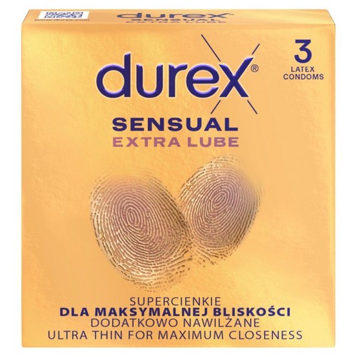 Opakowanie 3 prezerwatyw Durex Sensual Extra Lube, ultracienkie dla bliskości, z dodatkowym nawilżeniem.