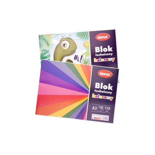 Dwa bloki techniczne Rexus w formacie A3, każdy zawierający 10 kolorowych arkuszy o gramaturze 150 g/m². Górny blok ma okładkę z zielonym dinozaurem na tle tropikalnych liści, mówiącym "Cześć!". Dolny blok prezentuje okładkę z promienistym wzorem tęczy.