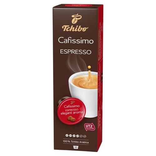 Kawa Tchibo Cafissimo Espresso, 10 kapsułek. Brązowe opakowanie z grafiką filiżanki i kapsułki.