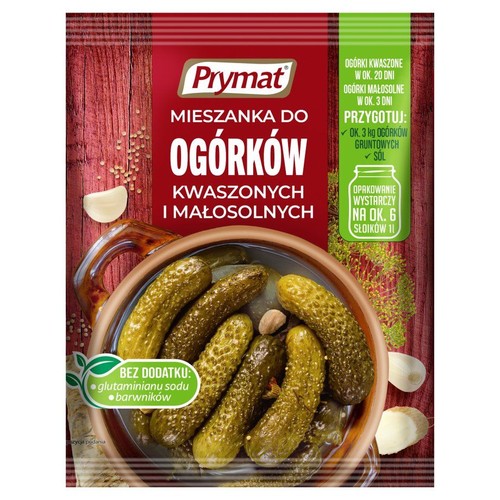 Opakowanie Prymat Mieszanka do ogórków kwaszonych i małosolnych. Na grafice ogórki, czosnek i koper. Bez glutaminianu sodu i barwników.