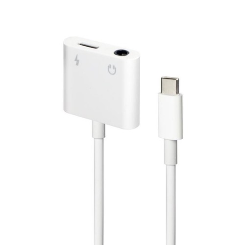 Przejściówka USB-C w kolorze białym, z wejściem słuchawkowym i ikoną błyskawicy.