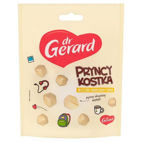 Wafle Dr Gerard Pryncy Kostka, 110g. Chrupiące kostki o smaku mleczno-waniliowym w beżowym opakowaniu.