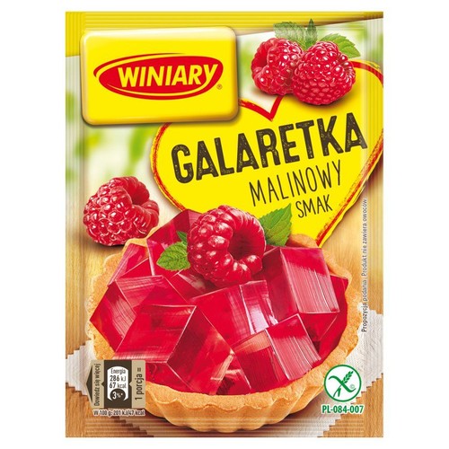 Produkt: Winiary Galaretka Malinowy Smak. Żółta torebka z ilustracją deseru: tarta z czerwoną galaretką w kostkach i świeżymi malinami. Na opakowaniu napis "Propozycja podania. Produkt nie zawiera owoców".