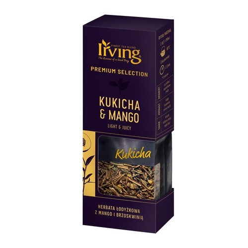 Opakowanie herbaty Irving Premium Selection Kukicha & Mango. Przezroczyste okienko pokazuje susz herbaciany.
