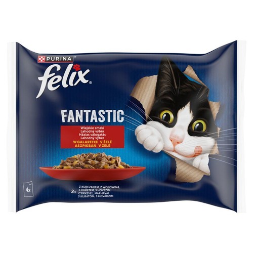 Granatowe opakowanie zbiorcze karmy Felix Fantastic, 4x, z wizerunkiem kota i miski z jedzeniem. Produkt w galaretce, o smaku kurczaka i wołowiny.