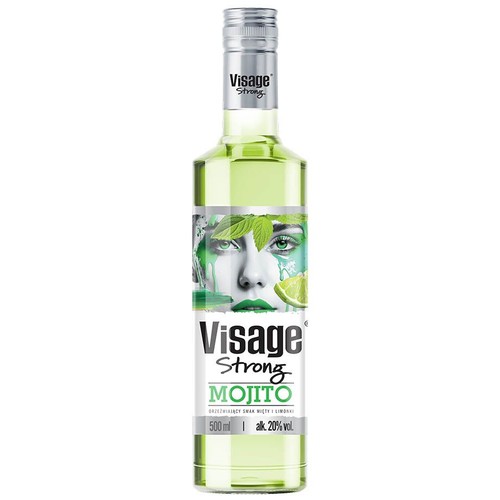 Butelka Visage Strong Mojito, 500 ml, 20% alkoholu. Etykieta z twarzą kobiety, miętą i limonką.