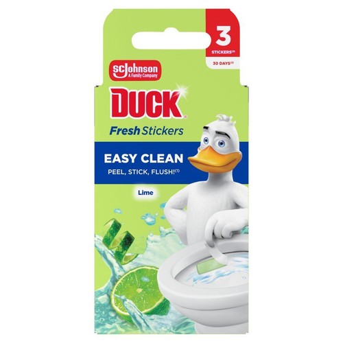 Opakowanie DUCK Fresh Stickers, 3 naklejki o zapachu limonki. Produkt SC Johnson do łatwego czyszczenia toalety.