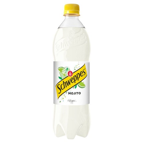 Napój Schweppes Mojito w plastikowej butelce z żółtą zakrętką. Biała etykieta z logo i grafiką limonki.