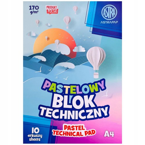 Blok techniczny Astra Astrapap, pastelowy, 170 g/m², A4, 10 arkuszy. Polski produkt. Opakowanie z grafiką słońca i balonów.