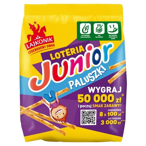 Żółto-fioletowe opakowanie paluszków Lajkonik Junior. Produkt bez konserwantów, barwników i wzmacniaczy smaku.