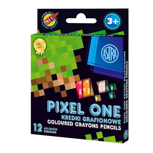 Astra Pixel One, 12 kredek grafionowych z pudrową końcówką. Opakowanie z grafiką pikselową, dla dzieci 3+.