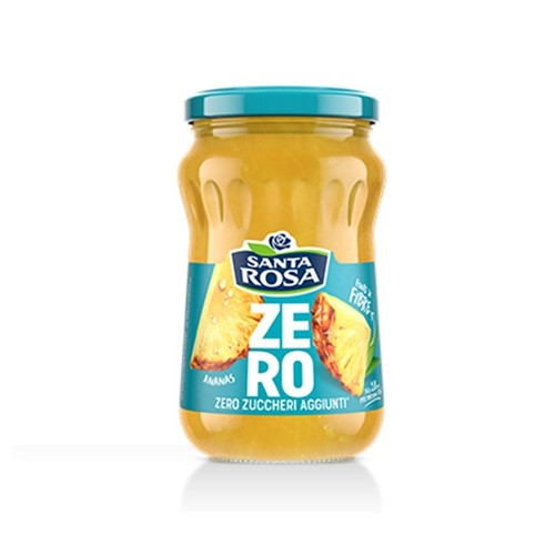 Dżem ananasowy Santa Rosa Zero w przezroczystym szklanym słoiku z turkusową pokrywką. Etykieta produktu jest niebiesko-żółta, z dużym napisem "ZERO" i grafiką dwóch kawałków ananasa. Podkreślono, że produkt nie zawiera dodanych cukrów.