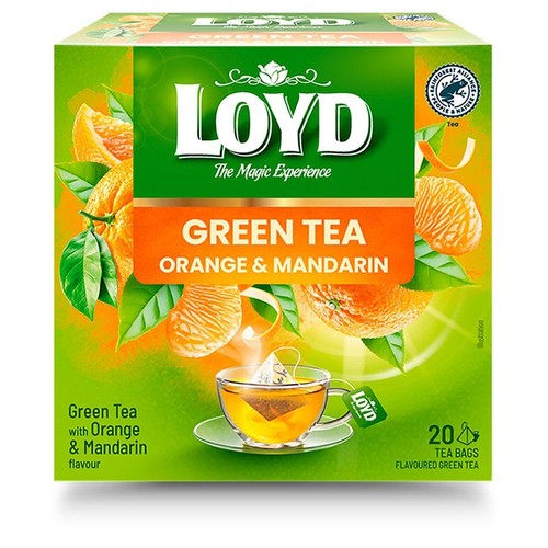 Opakowanie herbaty Loyd Green Tea Orange & Mandarin, 20 torebek.