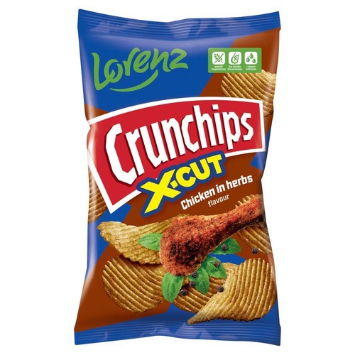 Niebieska paczka chipsów Lorenz Crunchips X-CUT o smaku kurczaka z ziołami. Na opakowaniu grafika chipsów, udka kurczaka i ziół.
