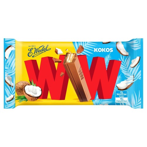Baton E.Wedel WW Kokos w żółto-niebieskim opakowaniu z motywem liści palmowych. Na froncie widoczny przekrój batona z warstwami wafla i kremu, otoczony kawałkami kokosa. Waga produktu to 45g.