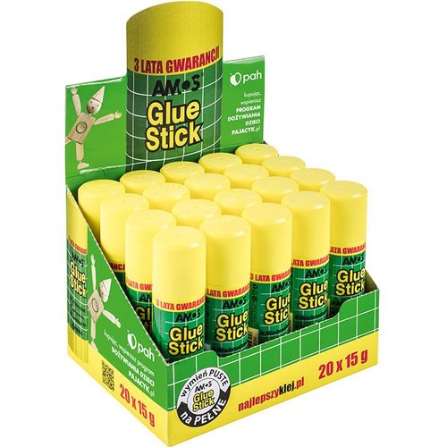 Kartonowy ekspozytor z 20 klejami w sztyfcie AMOS Glue Stick, każdy po 15g. Na opakowaniu informacja o 3-letniej gwarancji oraz wsparciu Programu Dożywiania Dzieci Pajacyk. Możliwość wymiany pustych na pełne.