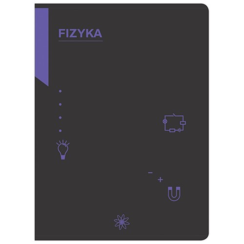 Ciemnoszara okładka zeszytu z fioletowym napisem FIZYKA i podkreśleniem. Zawiera fioletowe ikony symbolizujące fizykę: żarówka, schemat obwodu elektrycznego, magnes podkowiasty, znak plus i minus, oraz model atomu.