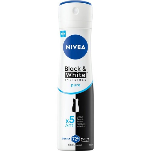 Antyperspirant Nivea Black & White Invisible Pure w białej butelce z niebieską nakrętką, pojemność 150 ml.