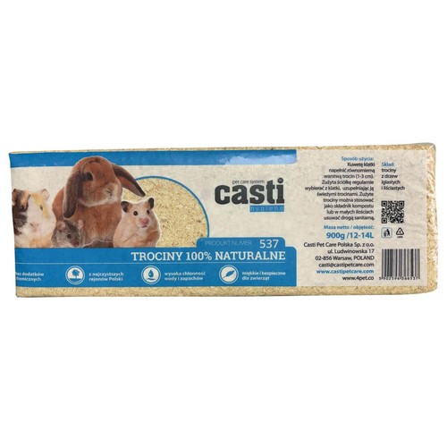 Trociny 100% Naturalne Casti Hygiene, miękkie i bezpieczne dla zwierząt. Pochodzą z najczystszych rejonów Polski, bez dodatków chemicznych. Skład to trociny z drzew iglastych i liściastych. Opakowanie zawiera 900g produktu, co odpowiada 12-14 litrom.