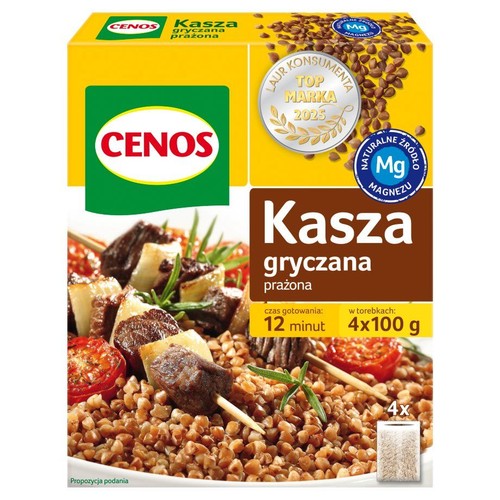 Opakowanie CENOS Kasza gryczana prażona, 400 g (4x100 g). Bogata w magnez. Na opakowaniu danie z kaszy i mięsa.
