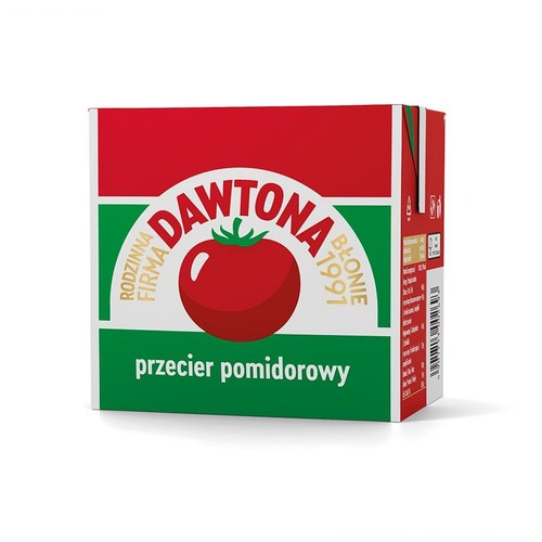 Karton przecieru pomidorowego Dawtona. Na opakowaniu logo z pomidorem, napisy "Rodzinna Firma" i "Błonie 1991".