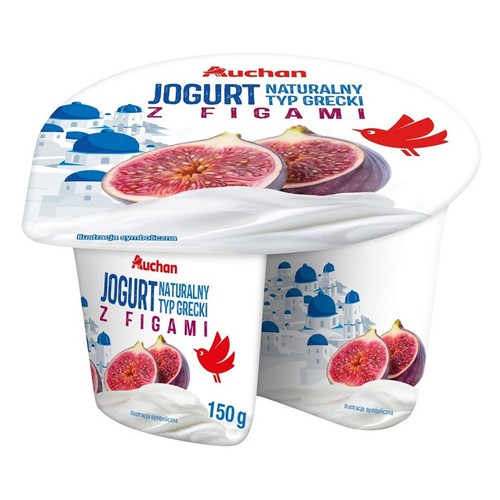 Opakowanie jogurtu Auchan Naturalny Typ Grecki z Figami, 150 g. Białe kubki z ilustracją fig i greckiego miasteczka.