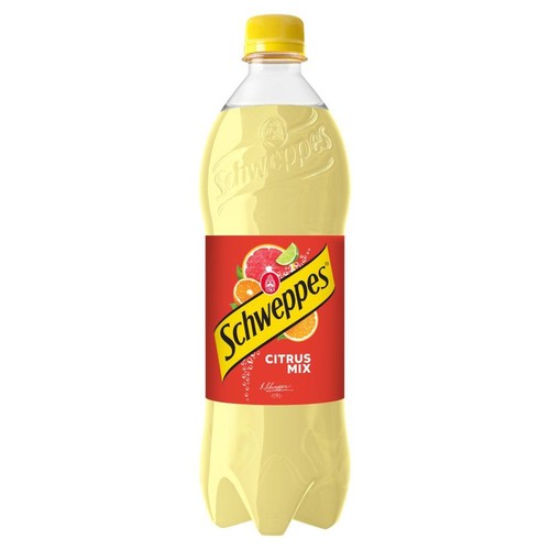 Przezroczysta butelka Schweppes Citrus Mix o pojemności 1,25 litra. Na czerwonej etykiecie logo i owoce cytrusowe.