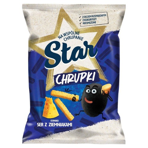Opakowanie chrupek kukurydzianych Star o smaku sera i ziemniaków, 125g. Produkt niesmażony, z olejem rzepakowym. Na opakowaniu widnieje złota gwiazda z napisem "Star Chrupki", ilustracje chrupek, kawałka sera oraz wesołej, czarnej postaci.