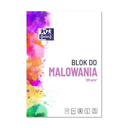 Blok do malowania Oxford A4, 120 g/m², 20 arkuszy. Białe tło z kolorowymi plamami farby po lewej stronie.