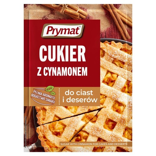 Opakowanie cukru Prymat z cynamonem do ciast i deserów. Na opakowaniu laska cynamonu i kawałek ciasta.